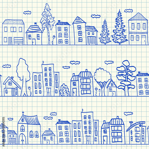 Houses doodles seamless pattern