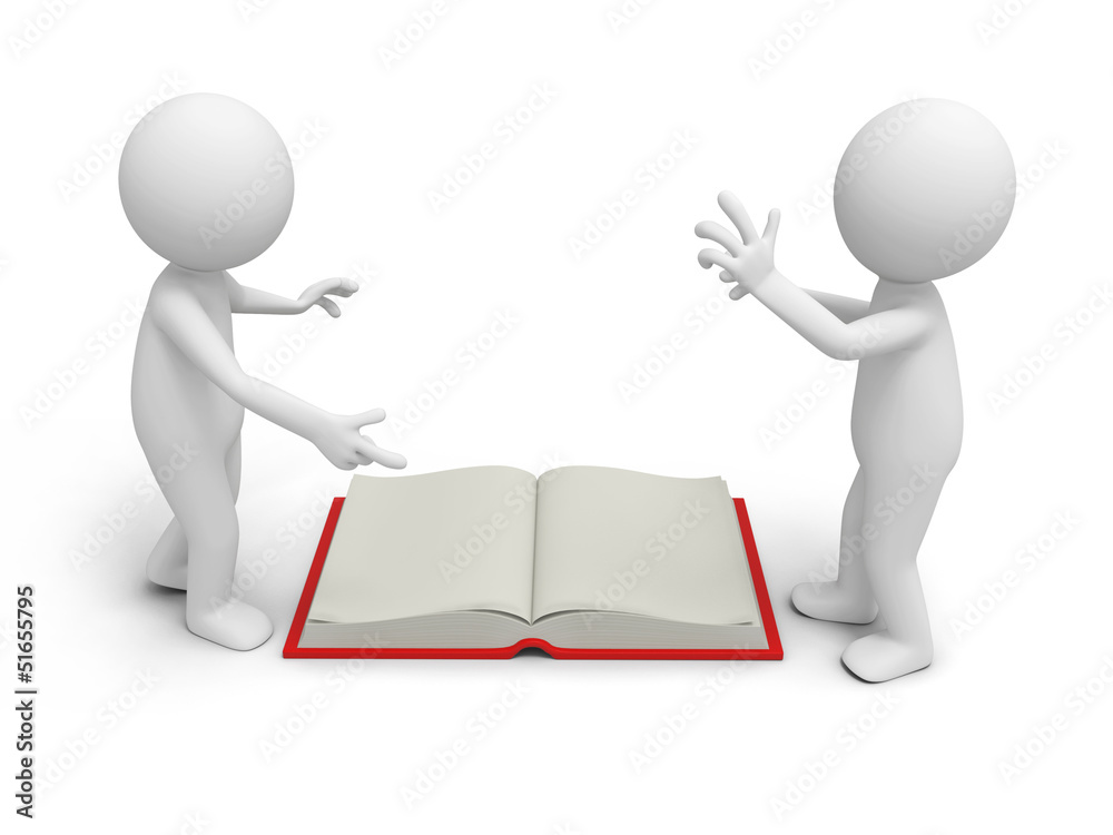 Two 3d persons discussing ,an opened book between them Two 3d persons discussing ,an opened book between them