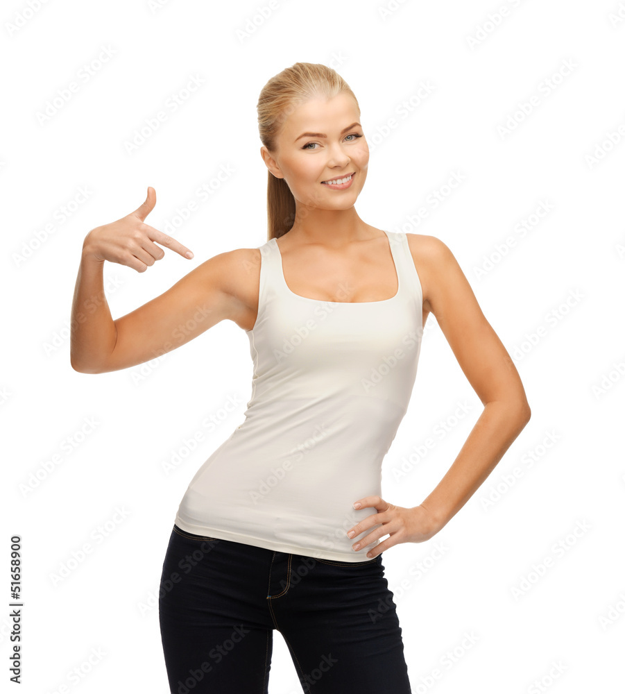 woman in blank white t-shirt pointing at herself woman in blank white t-shirt pointing at herself