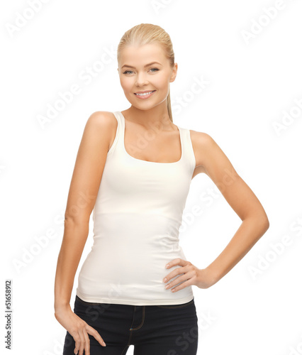 woman in blank white t-shirt