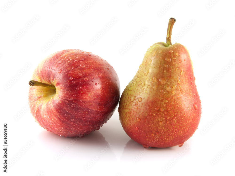Ripe red pear with red apple on white background Ripe red pear with red apple on white background