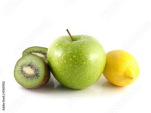 Isolated green apple, kiwi and yellow lemon