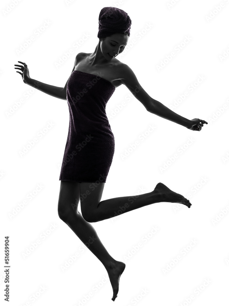 beautiful asian young woman wrapped towel jumping happy silhouet beautiful asian young woman wrapped towel jumping happy silhouet