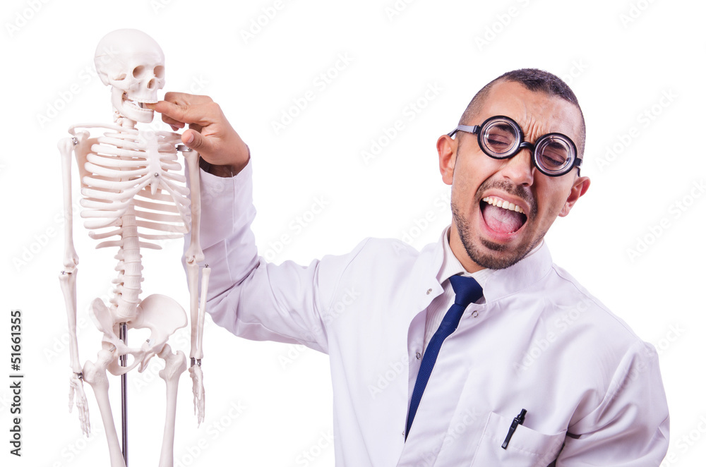Funny doctor with skeleton isolated on white Funny doctor with skeleton isolated on white