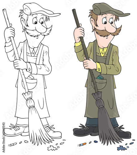 Yardman sweeping with a broom