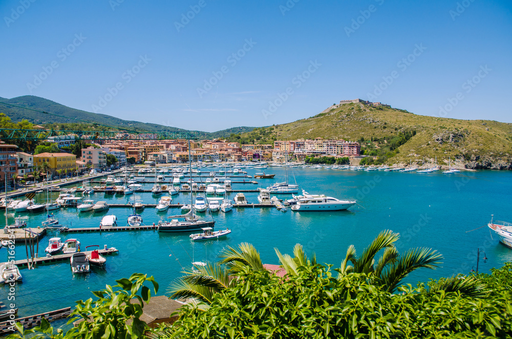 Port with many yachts on summer day