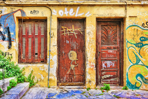 Facade of an abandoned house in Plaka district,  Athens