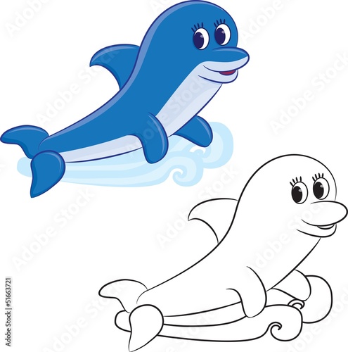 Cartoon dolphin. Coloring book. Vector illustration