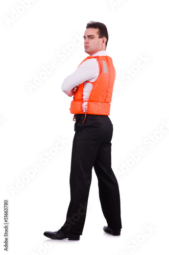 Businessman with rescue safety vest on white