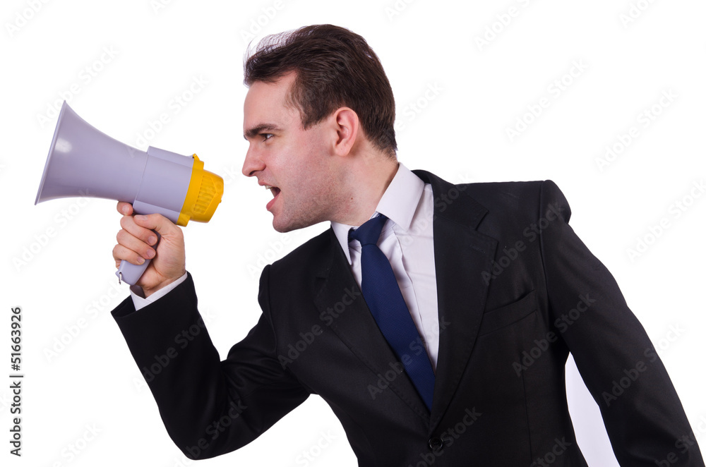 Young businessman with loudspeaker on white Young businessman with loudspeaker on white
