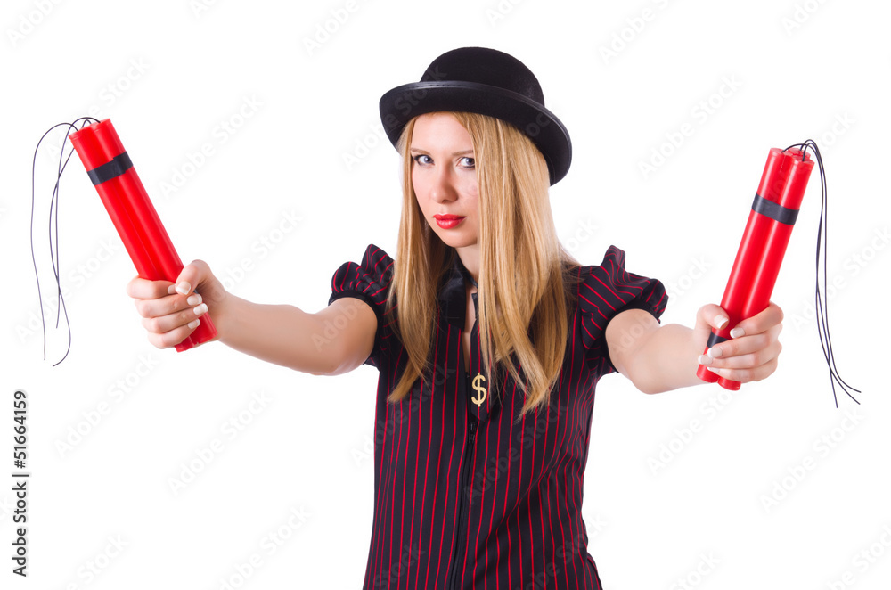 Woman gangster with dynamite sticks on white Woman gangster with dynamite sticks on white