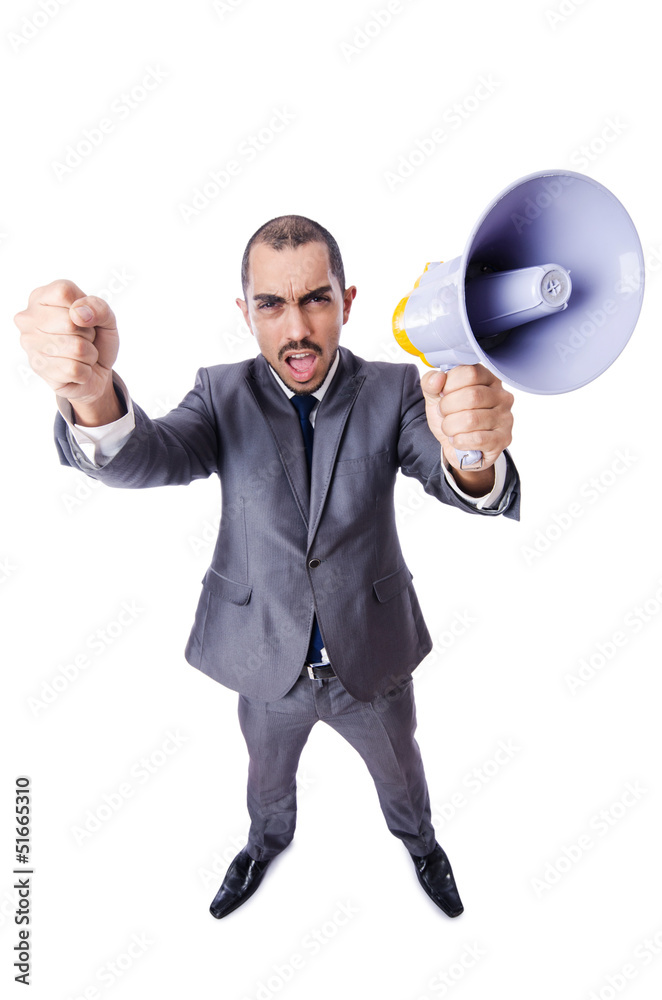 Young businessman with loudspeaker on white Young businessman with loudspeaker on white