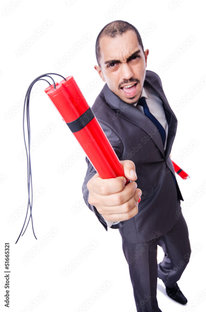 Businessman with dynamite isolated on white Businessman with dynamite isolated on white