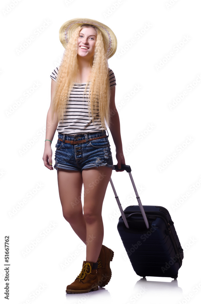 Young woman with suitcase on white Young woman with suitcase on white