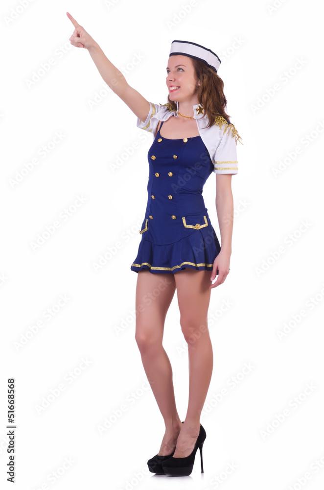 Stewardess pressing virtual buttons in the air Stewardess pressing virtual buttons in the air