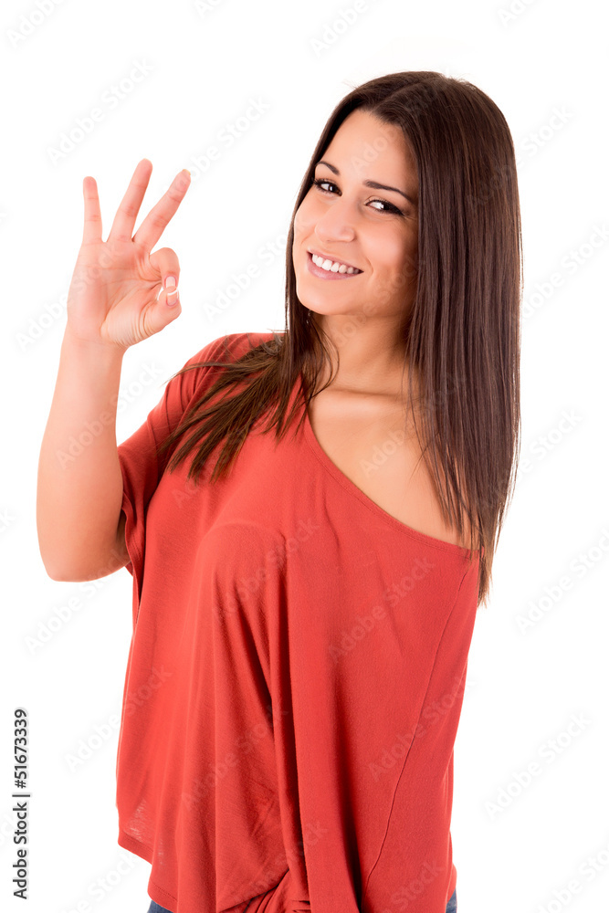 Beautiful woman smiling and showing OK sign Beautiful woman smiling and showing OK sign