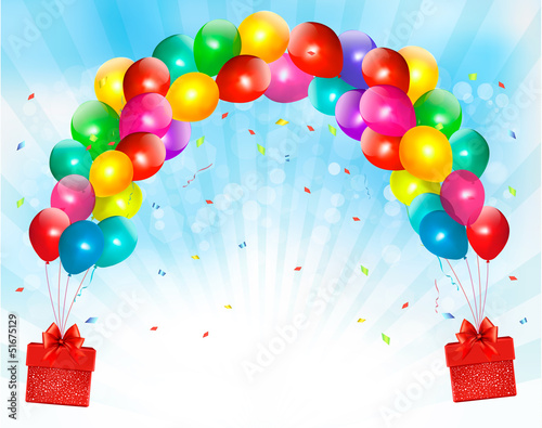 Holiday background with colorful balloons and gift boxes. Vector