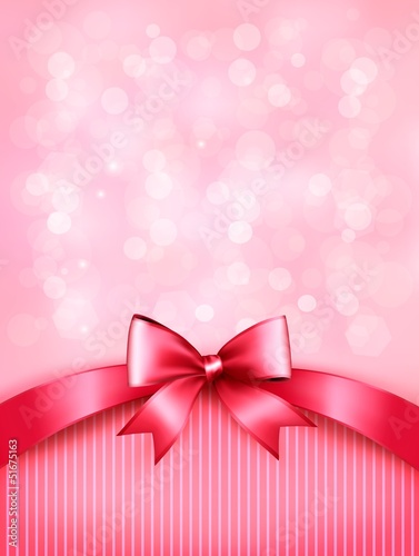 Holiday pink background with gift glossy bow and ribbon. Vector.