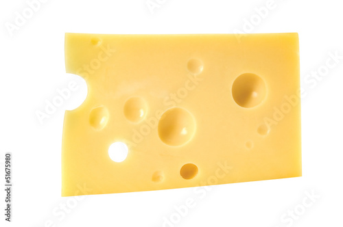 Swiss cheese with holes on white. Clipping path included.