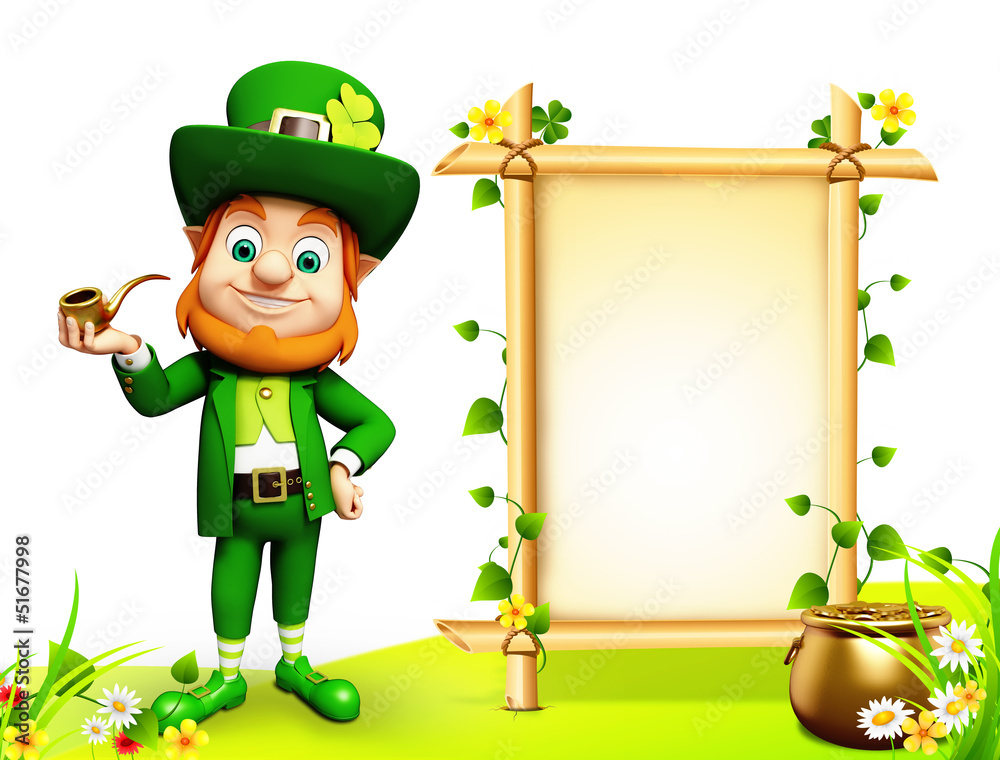 Leprechaun for st patrick day standing near sign and golden pot
