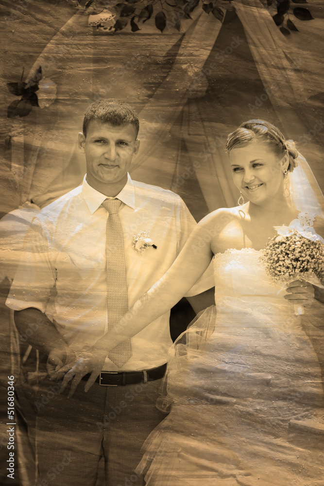 retro sepia black and white photo Bride and groom newlyweds are