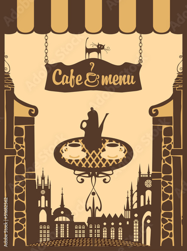 city cafe with table and hot tea