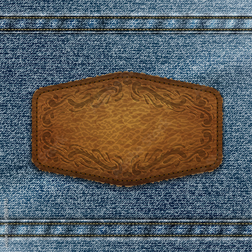 Ornate leather label with copyspace on denim background - eps10