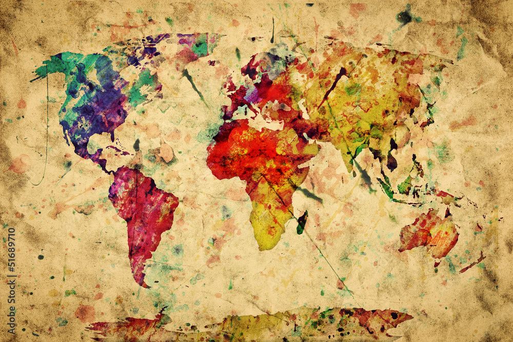 Naklejka premium Mapa świata w stylu vintage. Kolorowe farby, akwarela na papierze grunge