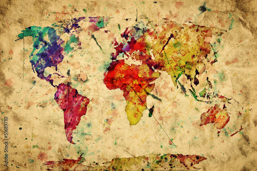 Fototapeta Vintage mapa świata. Kolorowa farba, akwarela na grunge papierze