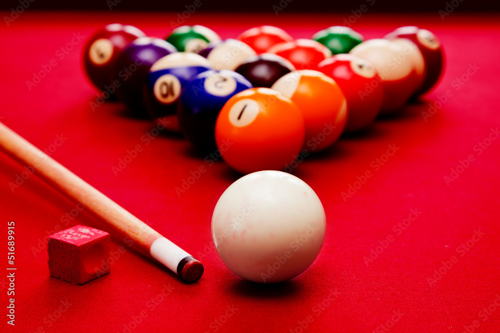 Billards pool game. Cue ball, cue color balls in triangle, chalk