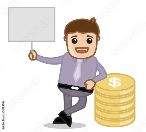 Businessman with Gold Currency Coins and Showing Ad Banner