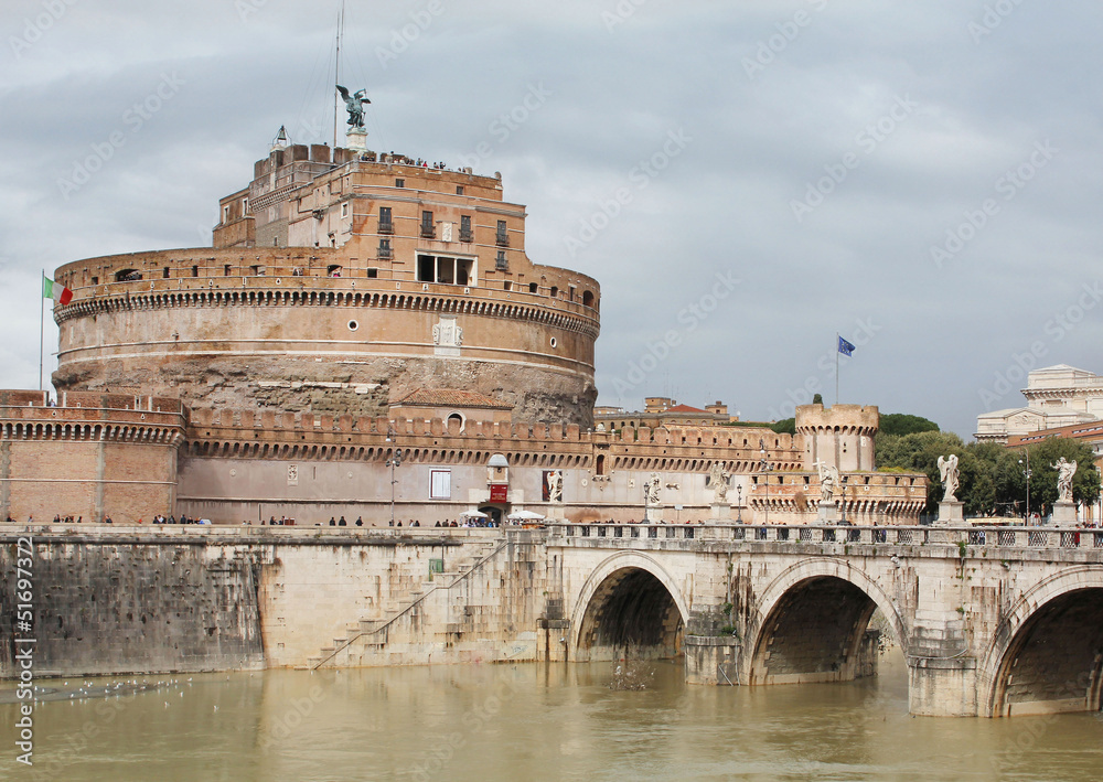 Castel Sant'Angelo in Rome, Italy against stormy sky