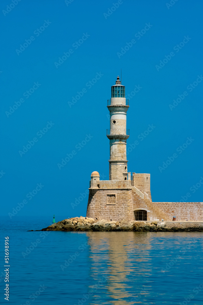 Famous lighthouse in bay in Chania, Greece