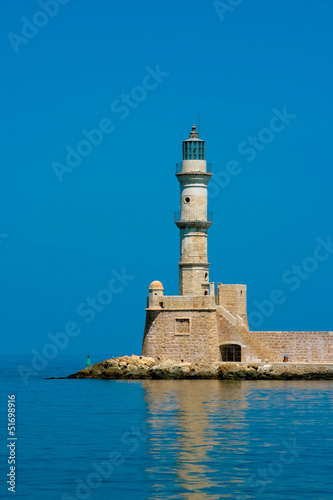 Famous lighthouse in bay in Chania, Greece