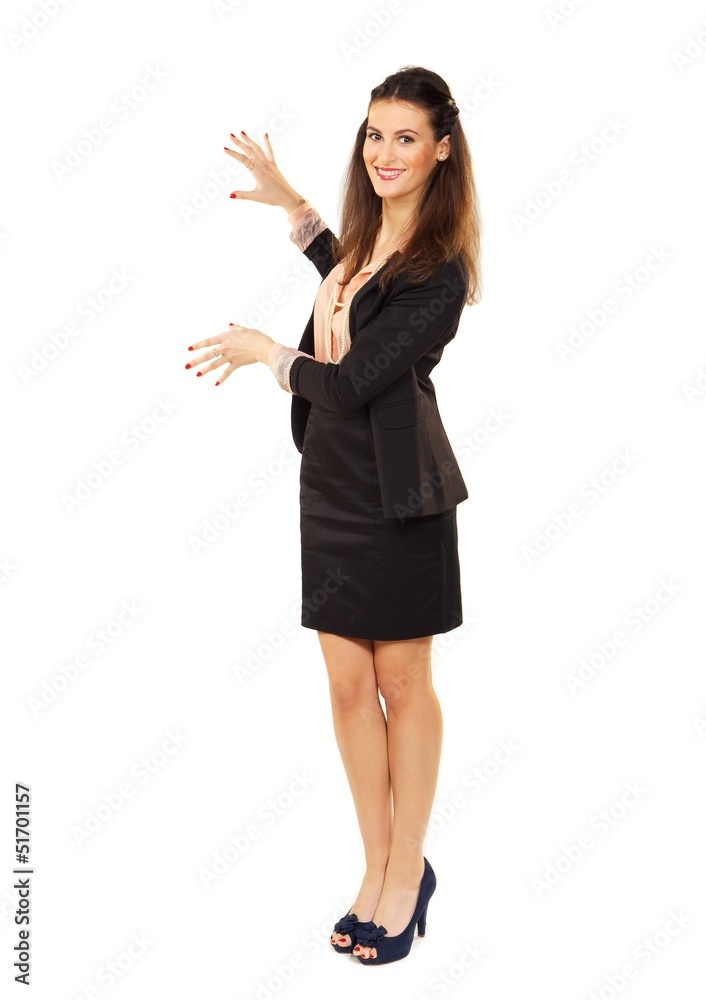 Cheerful Corporate Woman Showing Copyspace Cheerful Corporate Woman Showing Copyspace