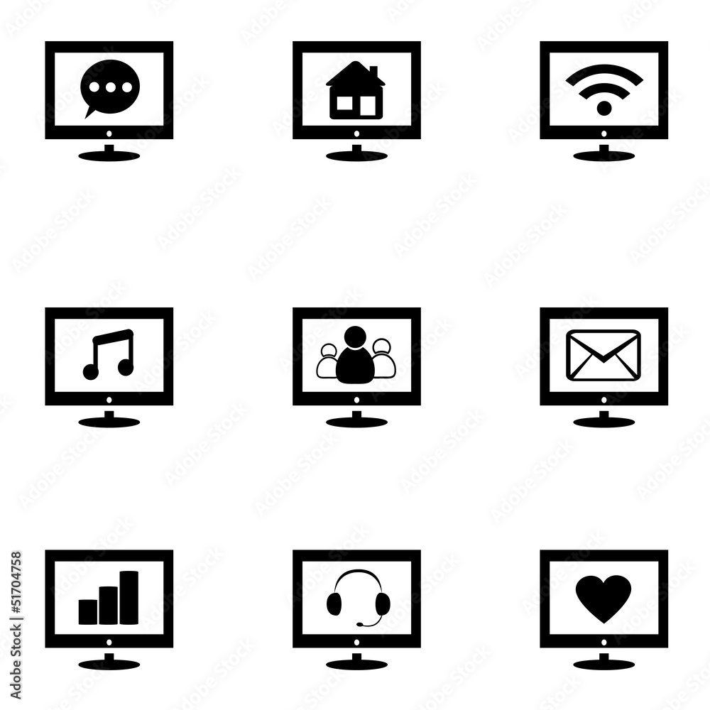 Monitor icons with communication signs on screen. Monitor icons with communication signs on screen.