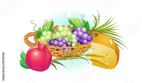 shavuot holiday set of food, grapes, cheese ,milk photo