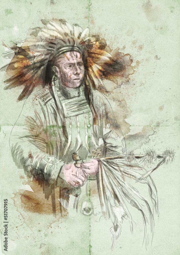 Fototapeta premium Indian chief holding a peace pipe