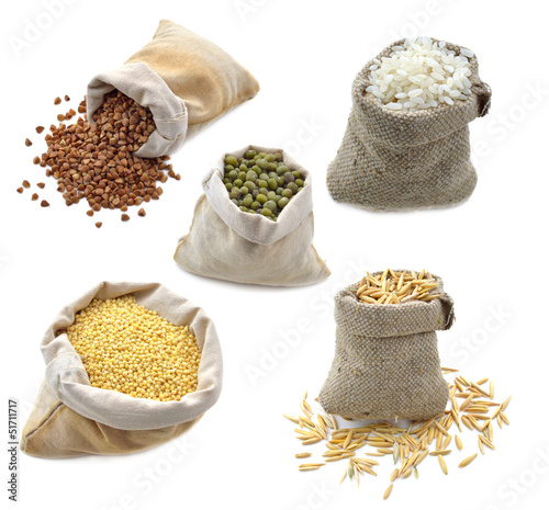 Burlap bags with grain isolated photo