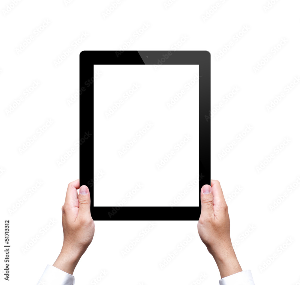 male hand holding a tablet with isolated male hand holding a tablet with isolated