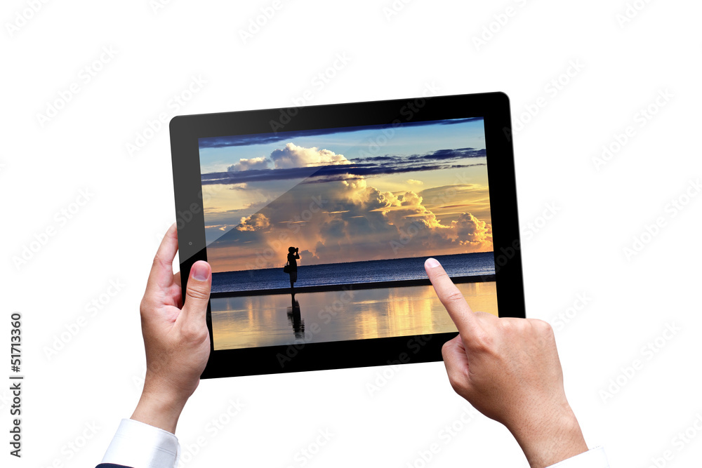 male hands holding a tablet isolated on white male hands holding a tablet isolated on white
