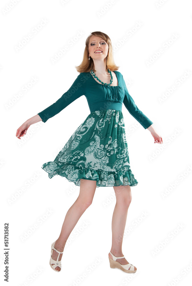 beautiful woman in a green dress and beads