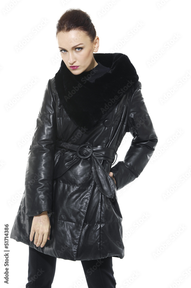 portrait shot of a beautiful woman on black coat portrait shot of a beautiful woman on black coat