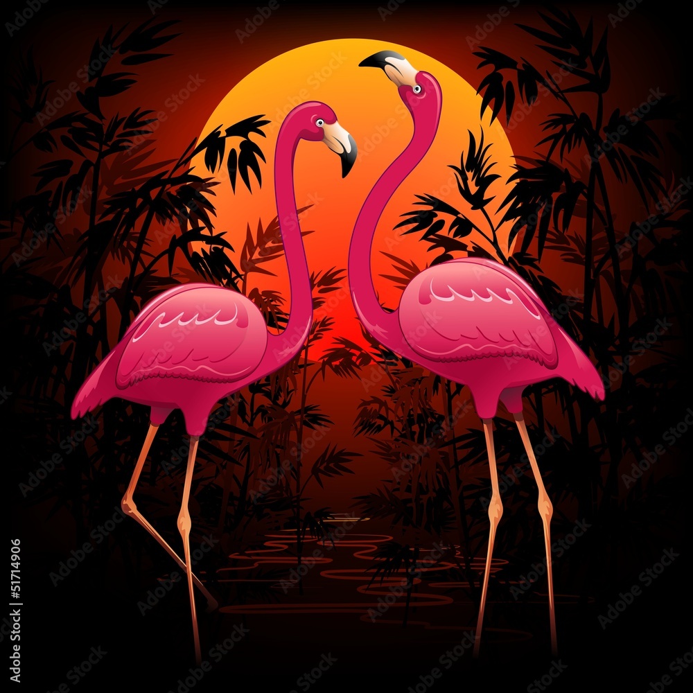 Fototapeta premium Pink Flamingos on Tropical Sunset-Fenicotteri Rosa nel Tramonto