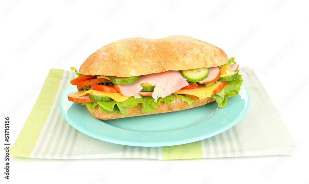 Fresh and tasty sandwich with ham and vegetables isolated Fresh and tasty sandwich with ham and vegetables isolated