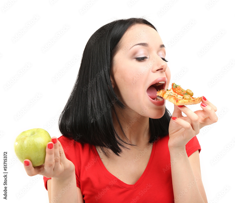 Beautiful girl eats pizza isolated on white Beautiful girl eats pizza isolated on white