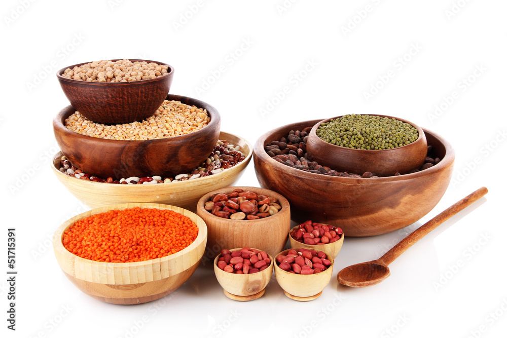 Different kinds of beans in bowls isolated on white Different kinds of beans in bowls isolated on white
