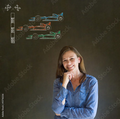 Business woman, student or teacher Formula 1 racing car fan