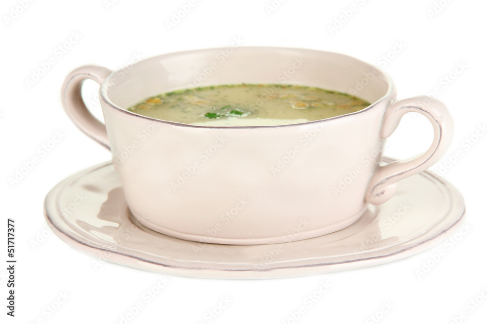 Nourishing soup with vegetables in pan isolated on white Nourishing soup with vegetables in pan isolated on white