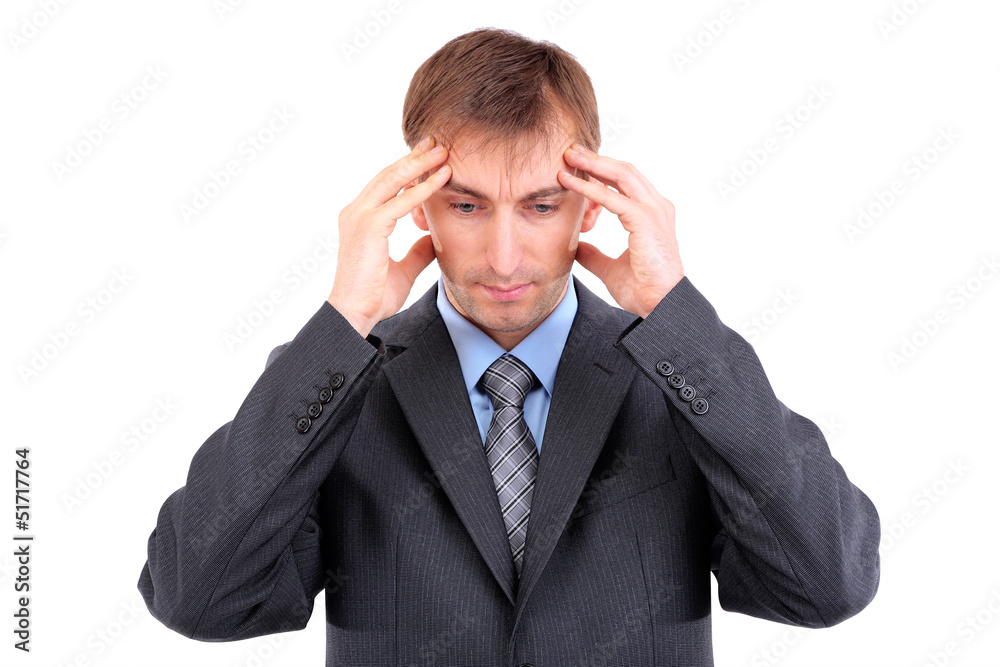 Young businessman worried suffering from headache isolated Young businessman worried suffering from headache isolated